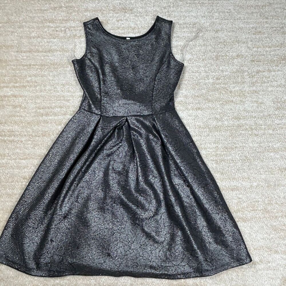 Solgee Dress Womens S Fit Flare Pleated Sleeveless Scoop Neck Black Metallic